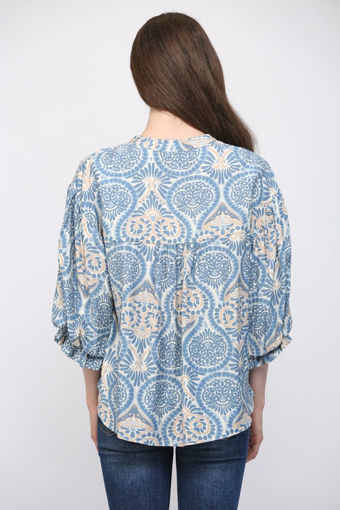Damask Print Balloon Sleeve Blouse - Lush Lemon - Women's Clothing - Fate By LFD - 62933051024637