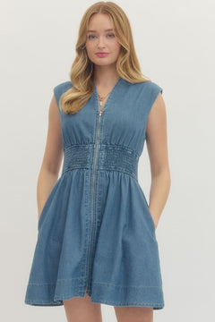 Denim Zip Front Mini Dress - Lush Lemon - Women&