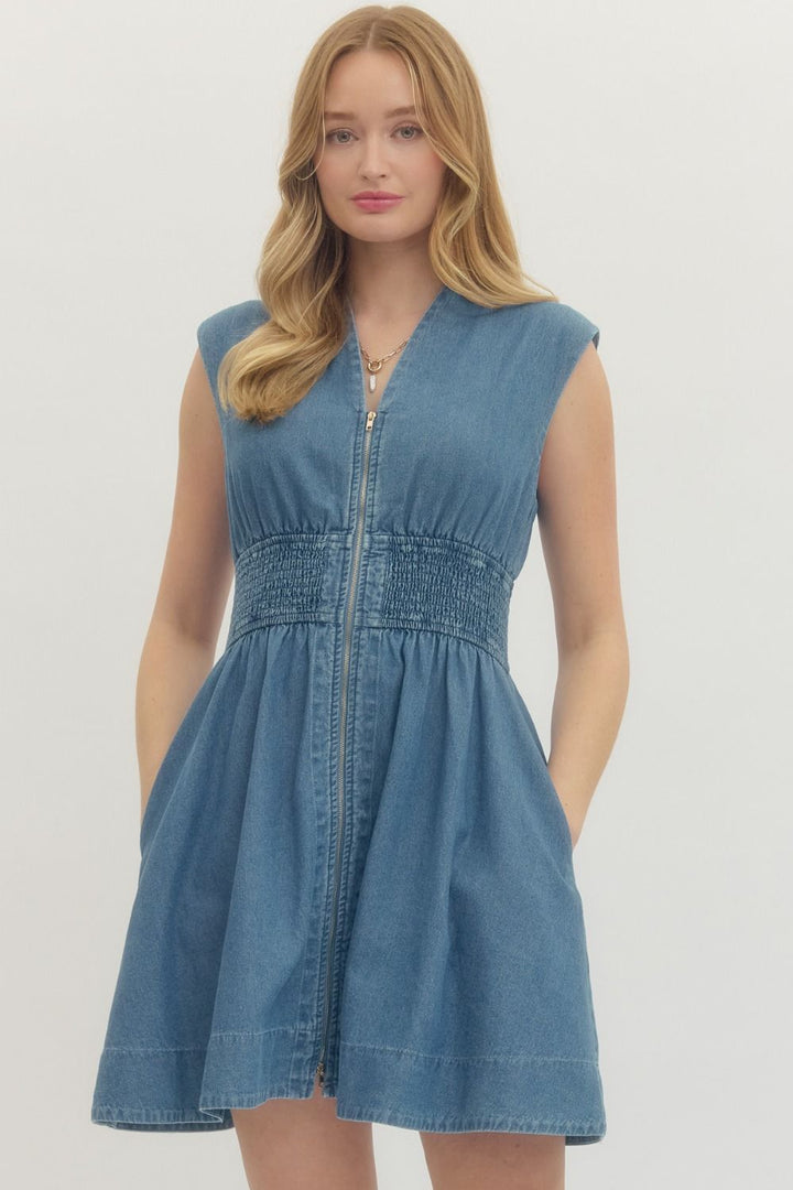 Denim Zip Front Mini Dress - Lush Lemon - Women's Clothing - Entro - 52882091014269