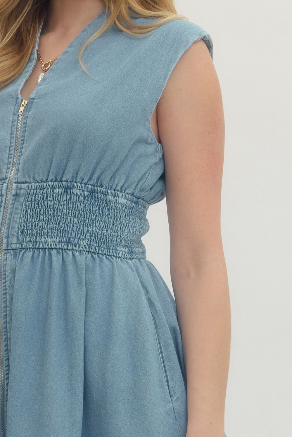 Denim Zip Front Mini Dress - Lush Lemon - Women's Clothing - Entro - 52882091312573