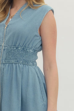 Denim Zip Front Mini Dress - Lush Lemon - Women&