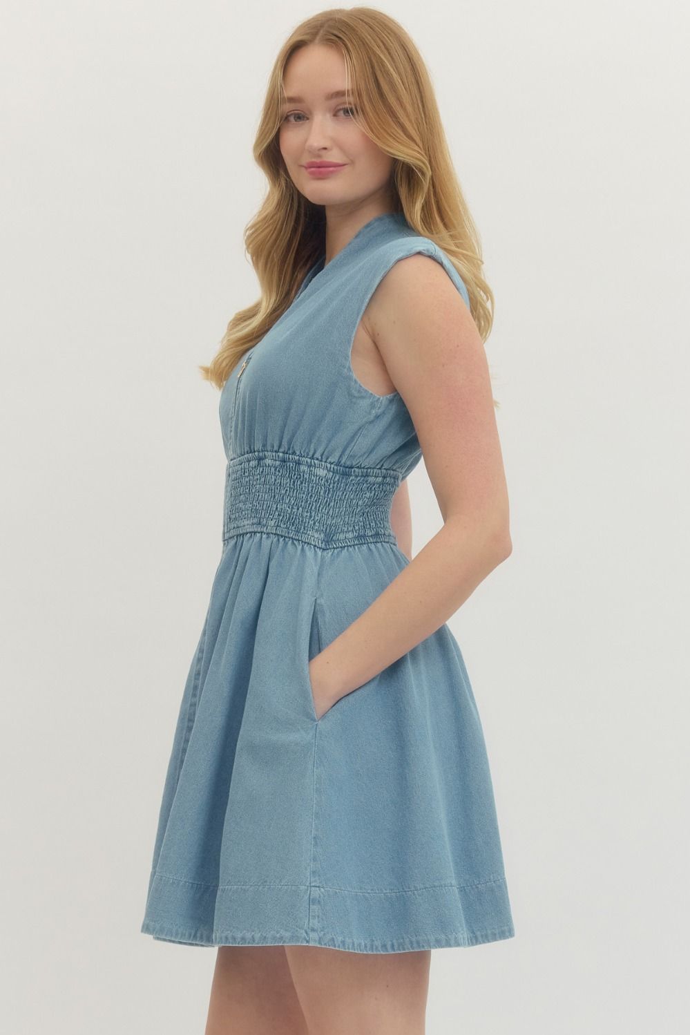 Denim Zip Front Mini Dress - Lush Lemon - Women's Clothing - Entro - 52882091312573