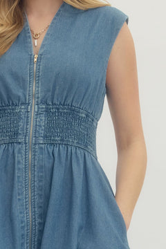 Denim Zip Front Mini Dress - Lush Lemon - Women&