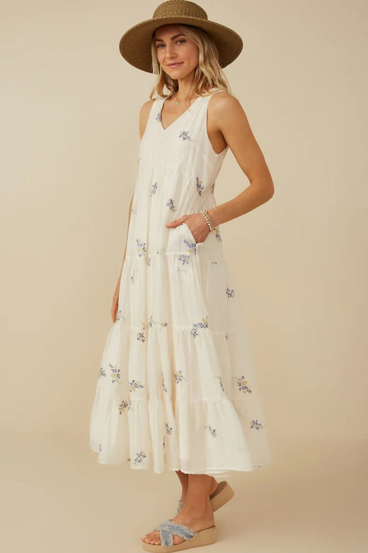 Ditsy Floral Tiered Dress W/ V Neck - Lush Lemon - Women's Clothing - Hayden - 93682481025085