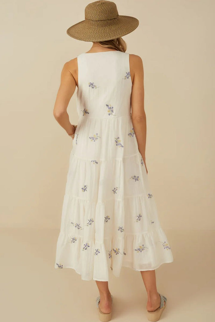 Ditsy Floral Tiered Dress W/ V Neck - Lush Lemon - Women's Clothing - Hayden - 93682481025085