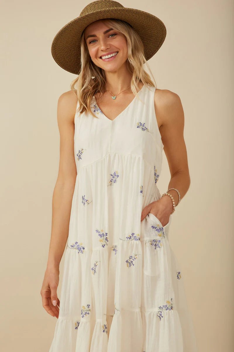 Ditsy Floral Tiered Dress W/ V Neck - Lush Lemon - Women's Clothing - Hayden - 93682481025085