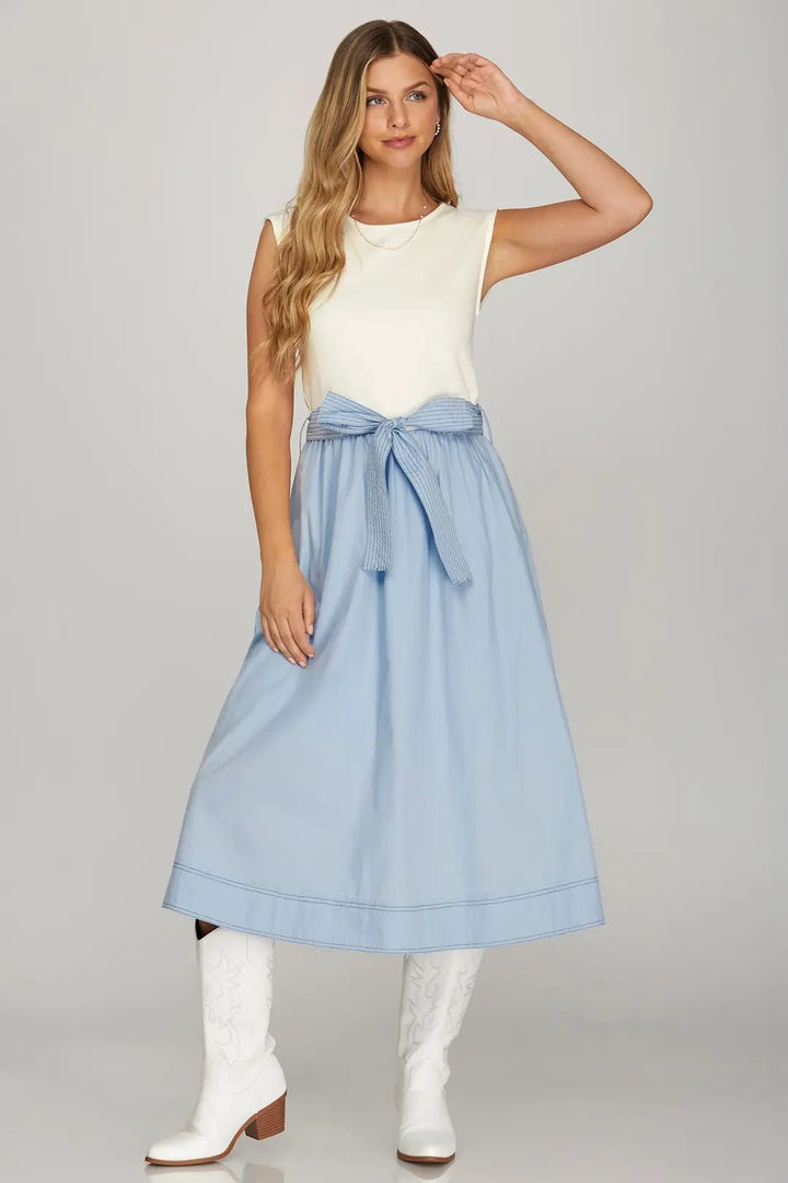 Drop Sleeve Midi Dress with Waist Tie - Lush Lemon - Women's Clothing - She + Sky - 13068681019293