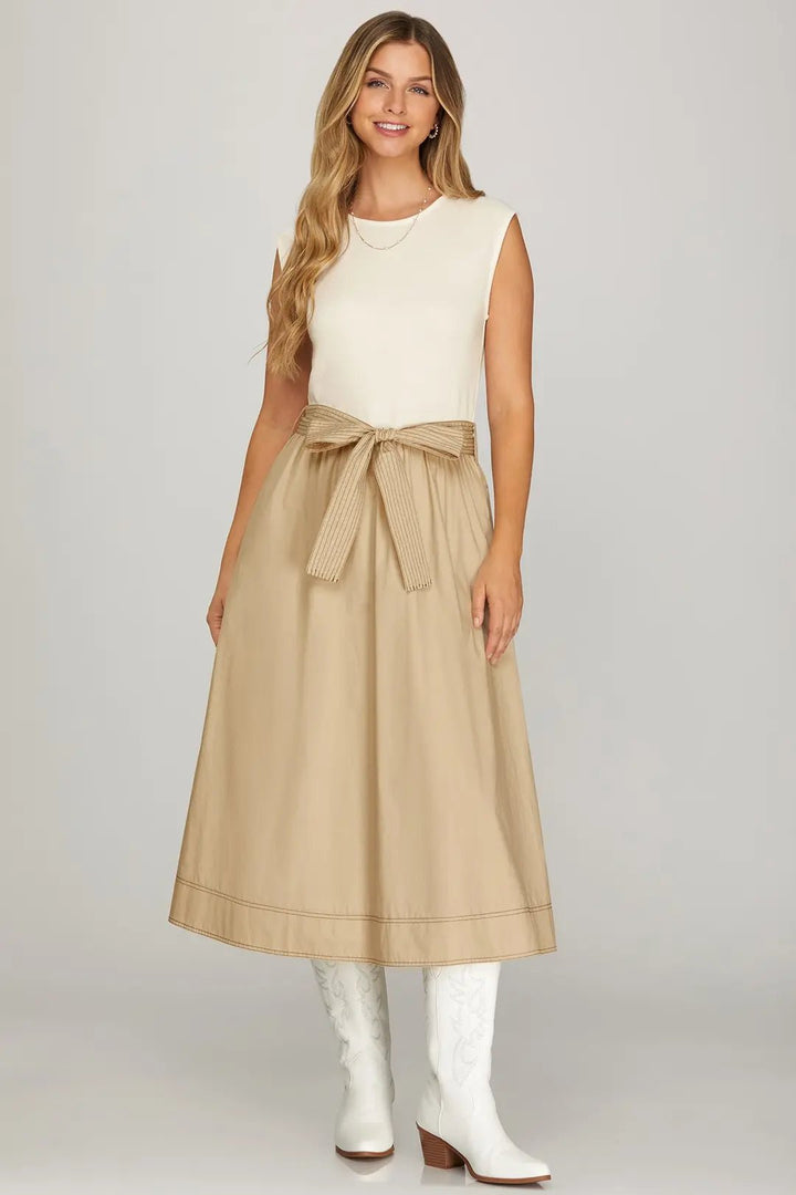 Drop Sleeve Midi Dress with Waist Tie - Lush Lemon - Women's Clothing - She + Sky - 13068681317597