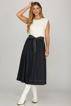 Drop Sleeve Midi Dress with Waist Tie - Lush Lemon - Women&