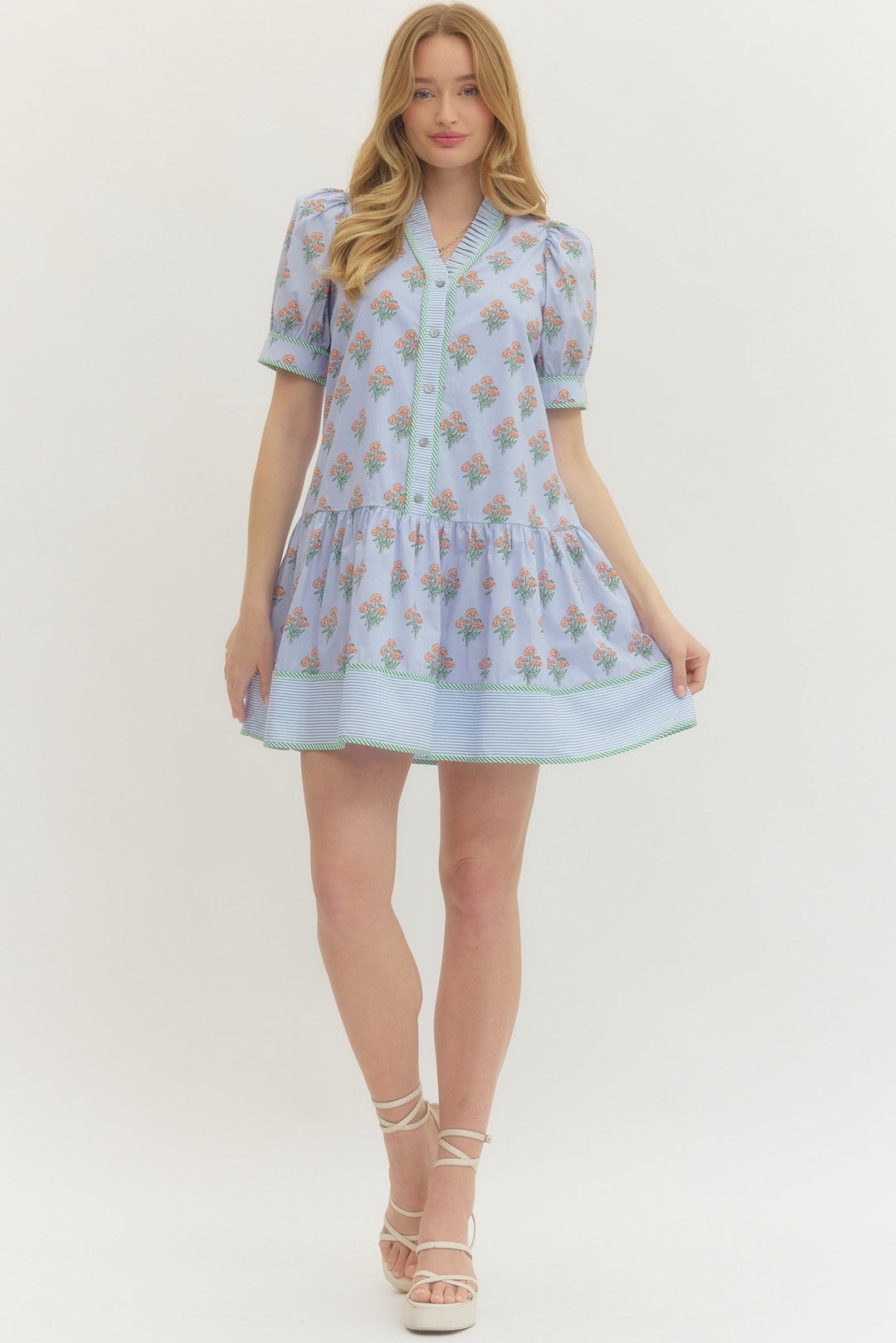 Drop Waist Floral Print Mini Dress - Lush Lemon - Women's Clothing - Entro - 21203341009661