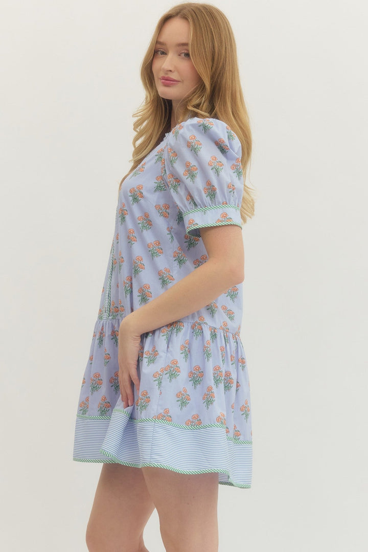 Drop Waist Floral Print Mini Dress - Lush Lemon - Women's Clothing - Entro - 21203341009661