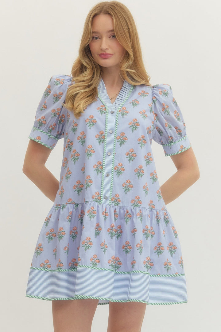 Drop Waist Floral Print Mini Dress - Lush Lemon - Women's Clothing - Entro - 21203341009661