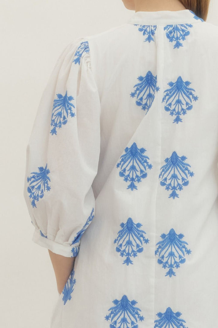 Embroidered 3/4 Puff Sleeve Mini Dress - Lush Lemon - Women's Clothing - Entro - 66367031086685