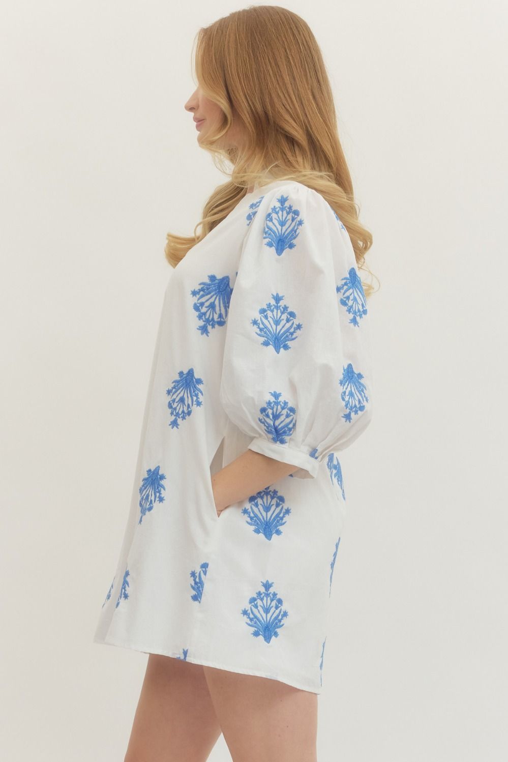 Embroidered 3/4 Puff Sleeve Mini Dress - Lush Lemon - Women's Clothing - Entro - 66367031086685