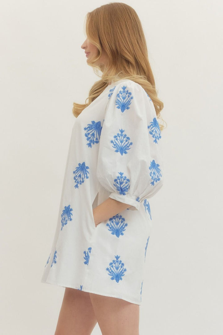 Embroidered 3/4 Puff Sleeve Mini Dress - Lush Lemon - Women's Clothing - Entro - 66367031086685