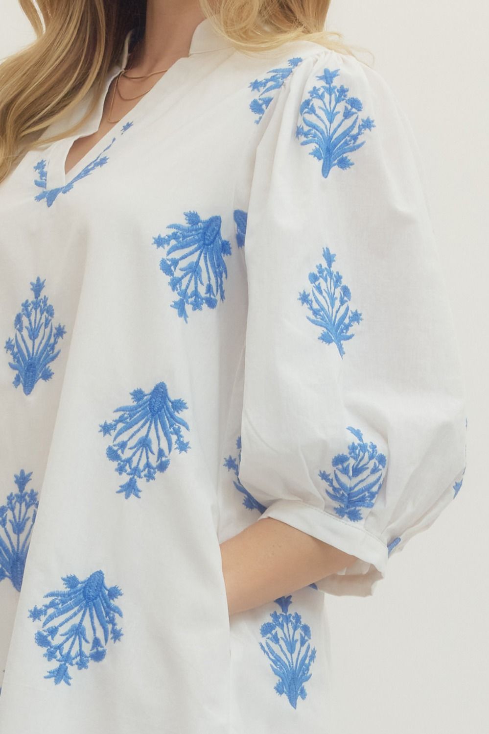 Embroidered 3/4 Puff Sleeve Mini Dress - Lush Lemon - Women's Clothing - Entro - 66367031086685