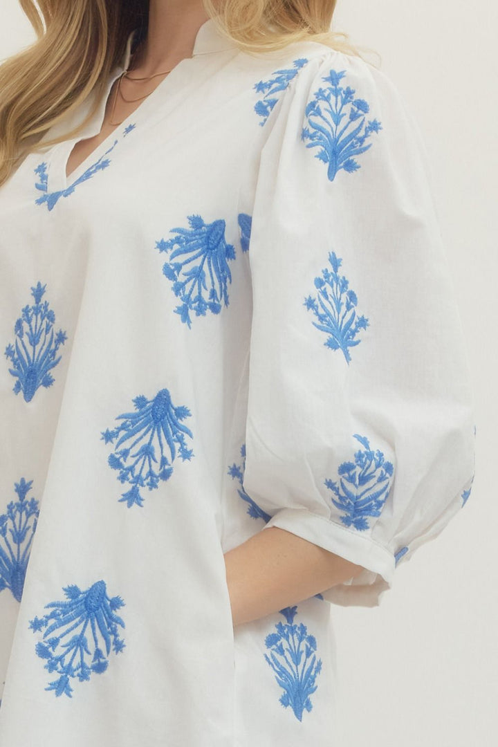 Embroidered 3/4 Puff Sleeve Mini Dress - Lush Lemon - Women's Clothing - Entro - 66367031086685