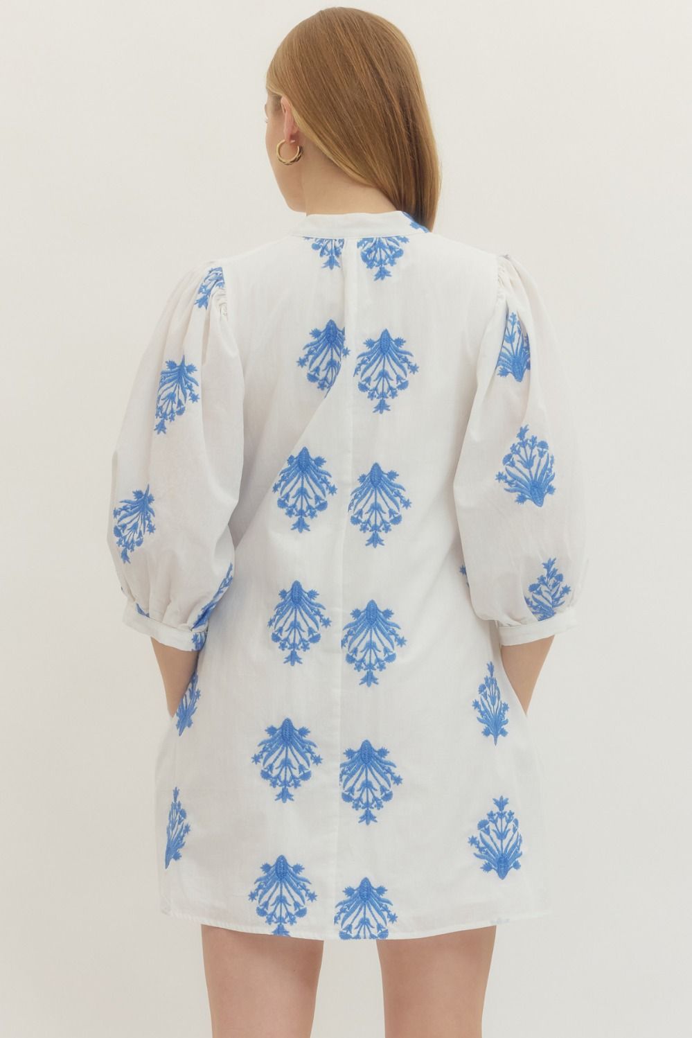 Embroidered 3/4 Puff Sleeve Mini Dress - Lush Lemon - Women's Clothing - Entro - 66367031086685