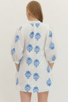 Embroidered 3/4 Puff Sleeve Mini Dress - Lush Lemon - Women&