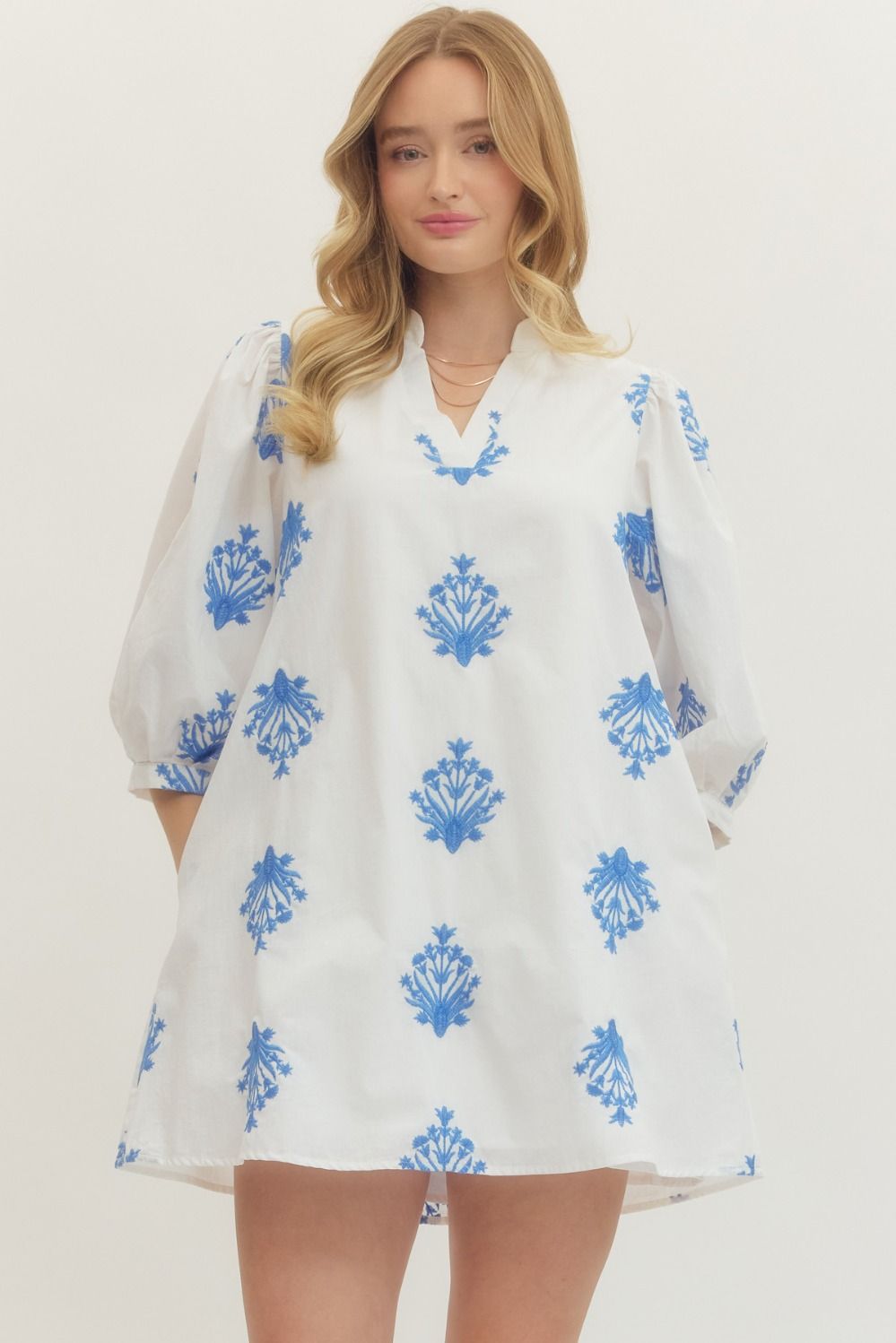 Embroidered 3/4 Puff Sleeve Mini Dress - Lush Lemon - Women's Clothing - Entro - 66367031086685