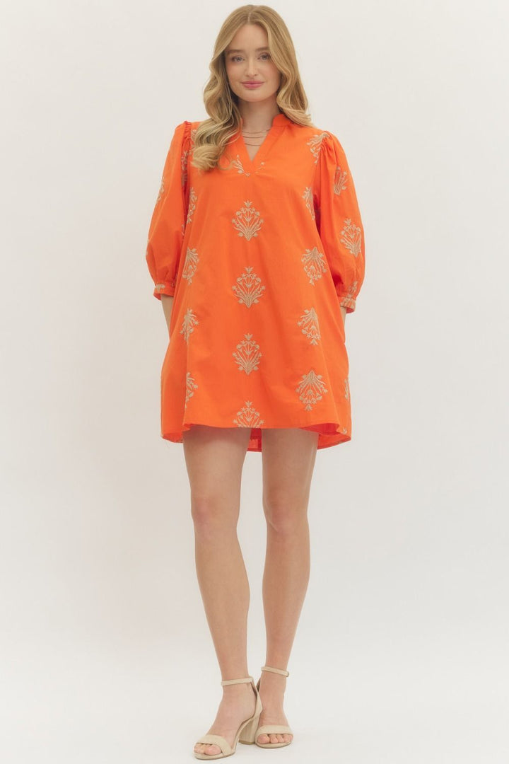 Embroidered 3/4 Puff Sleeve Mini Dress - Lush Lemon - Women's Clothing - Entro - 66367031384989