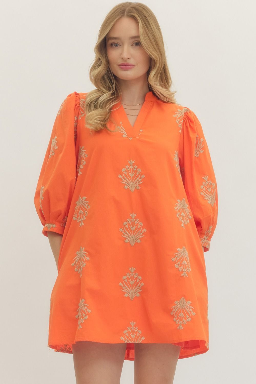 Embroidered 3/4 Puff Sleeve Mini Dress - Lush Lemon - Women's Clothing - Entro - 66367031384989