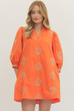 Embroidered 3/4 Puff Sleeve Mini Dress - Lush Lemon - Women&