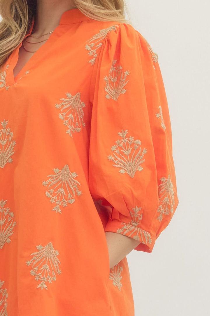 Embroidered 3/4 Puff Sleeve Mini Dress - Lush Lemon - Women's Clothing - Entro - 66367031384989