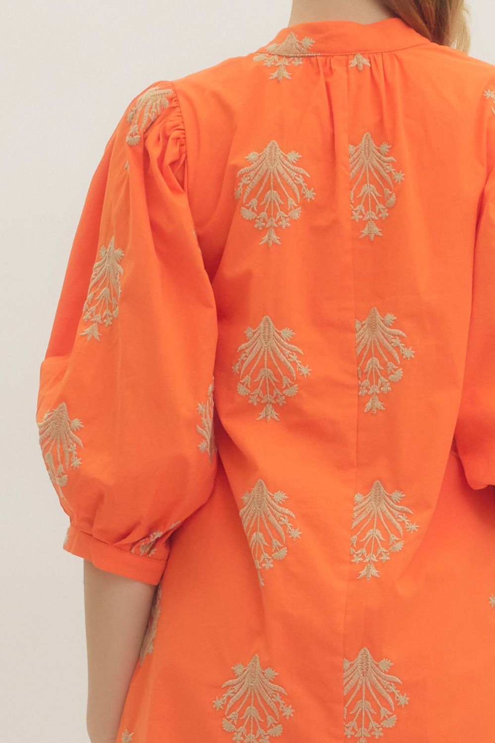 Embroidered 3/4 Puff Sleeve Mini Dress - Lush Lemon - Women's Clothing - Entro - 66367031384989