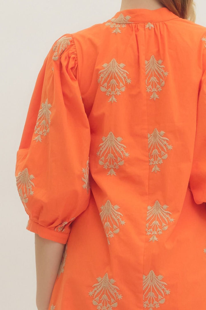 Embroidered 3/4 Puff Sleeve Mini Dress - Lush Lemon - Women's Clothing - Entro - 66367031384989