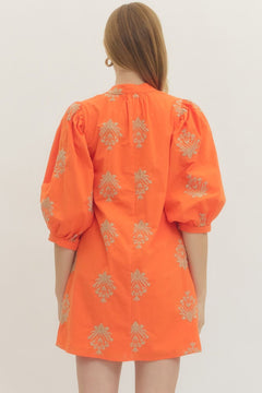 Embroidered 3/4 Puff Sleeve Mini Dress - Lush Lemon - Women&