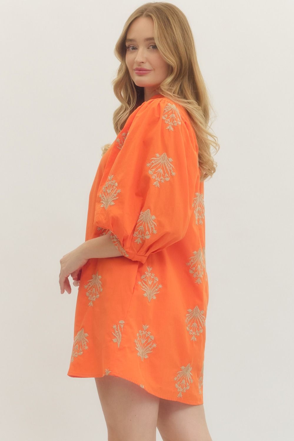 Embroidered 3/4 Puff Sleeve Mini Dress - Lush Lemon - Women's Clothing - Entro - 66367031384989