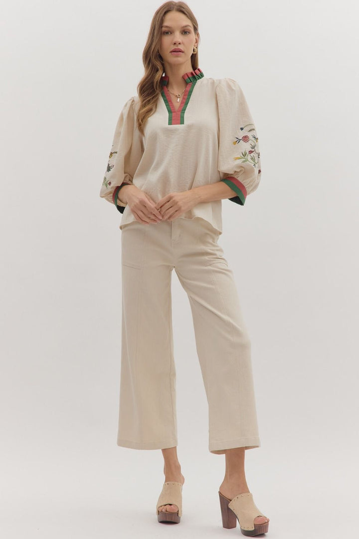 Embroidered 3/4 Sleeve Contrast Trim Top - Lush Lemon - Women's Clothing - Entro - 66105121090973