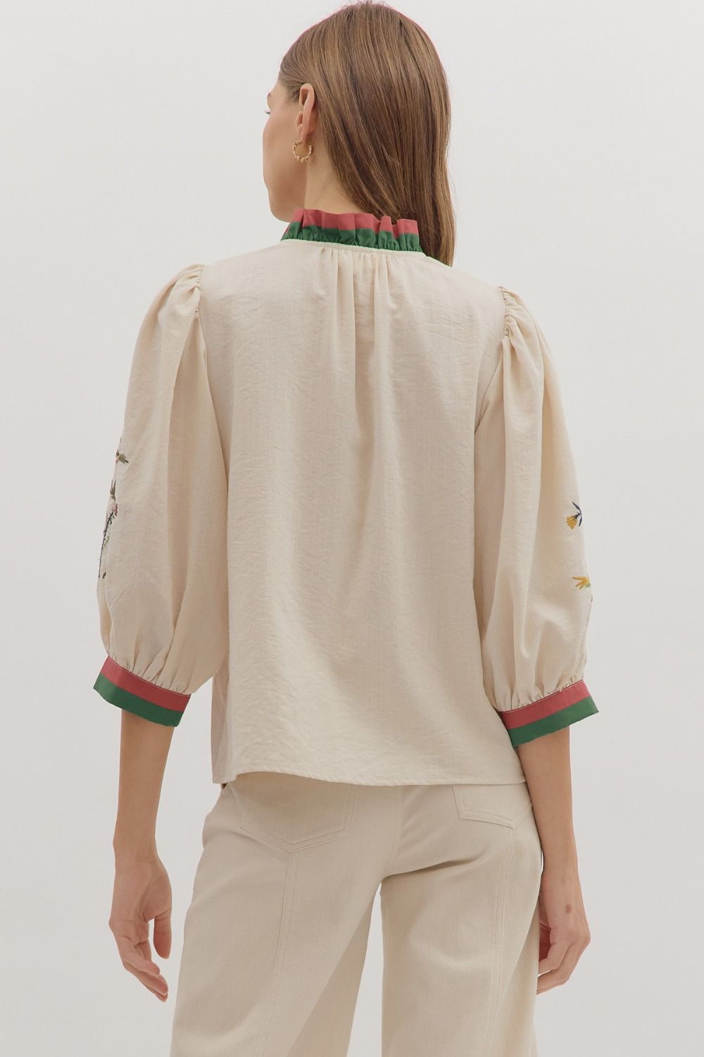 Embroidered 3/4 Sleeve Contrast Trim Top - Lush Lemon - Women's Clothing - Entro - 66105121090973