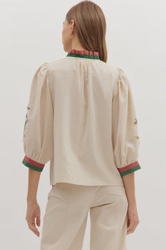Embroidered 3/4 Sleeve Contrast Trim Top - Lush Lemon - Women&