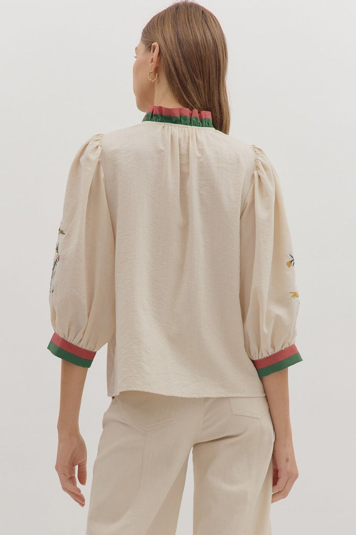 Embroidered 3/4 Sleeve Contrast Trim Top - Lush Lemon - Women's Clothing - Entro - 66105121090973