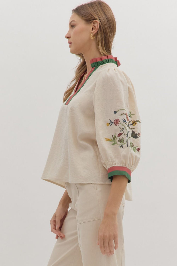 Embroidered 3/4 Sleeve Contrast Trim Top - Lush Lemon - Women's Clothing - Entro - 66105121090973