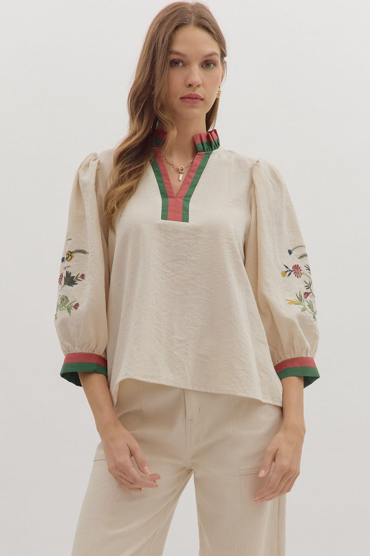 Embroidered 3/4 Sleeve Contrast Trim Top - Lush Lemon - Women's Clothing - Entro - 66105121090973