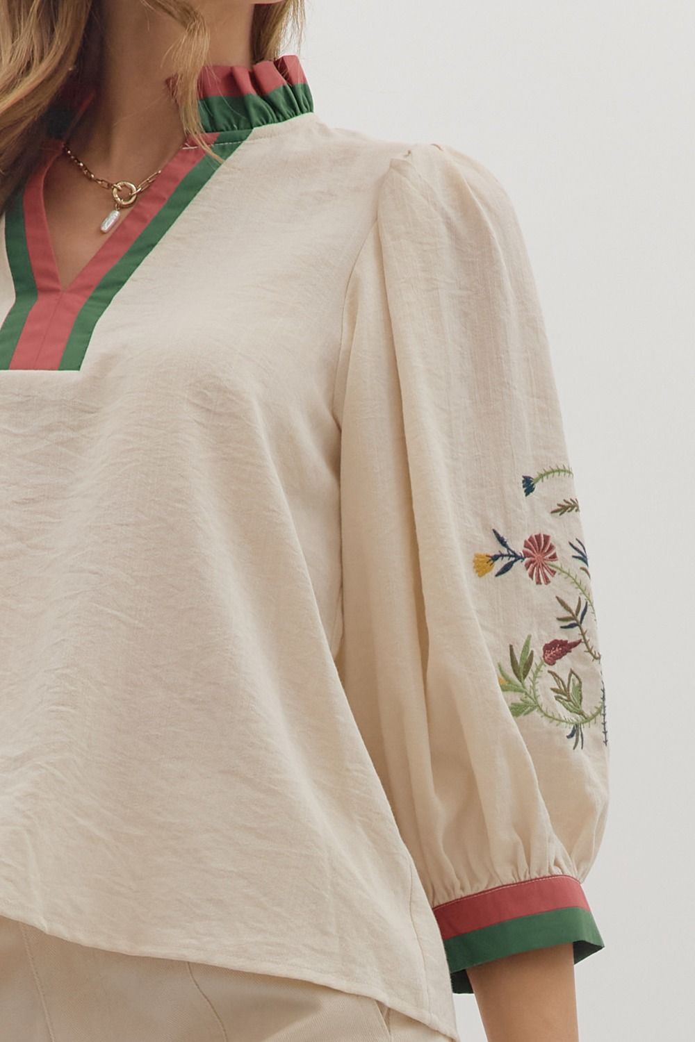 Embroidered 3/4 Sleeve Contrast Trim Top - Lush Lemon - Women's Clothing - Entro - 66105121090973