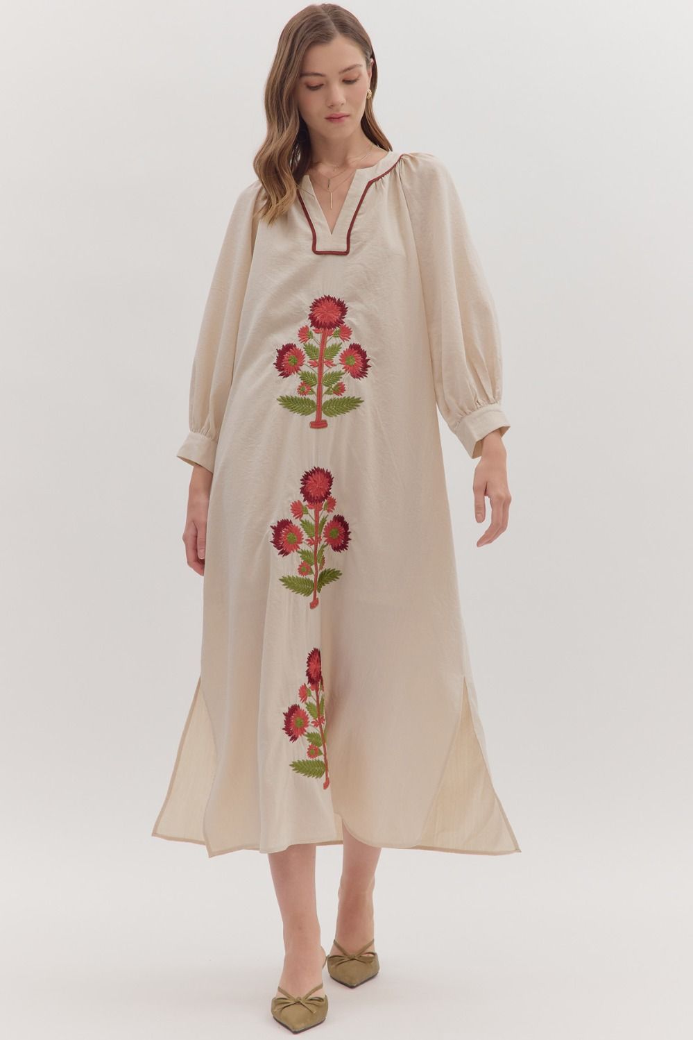 Embroidered Floral Maxi Dress W/Contrast Trim - Lush Lemon - Women's Clothing - Entro - 78174771041181