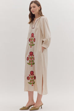 Embroidered Floral Maxi Dress W/Contrast Trim - Lush Lemon - Women&