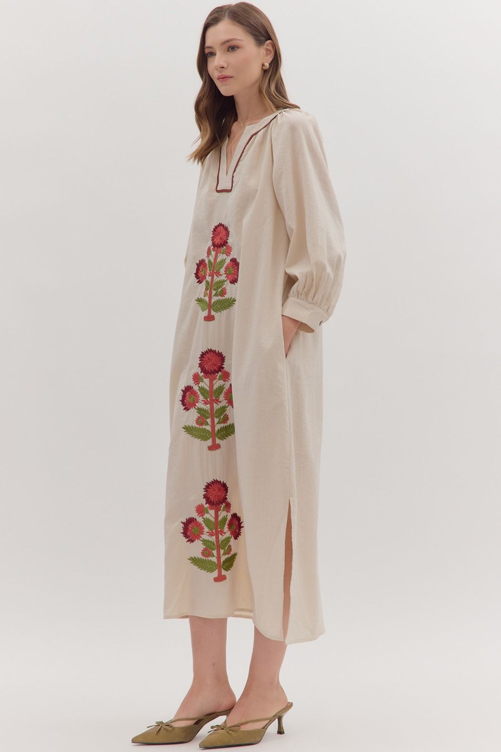 Embroidered Floral Maxi Dress w/Contrast Trim - Entro - Lush Lemon Ecru / M Embroidered Floral Maxi Dress w/Contrast Trim - Entro - Lush Lemon Ecru / M