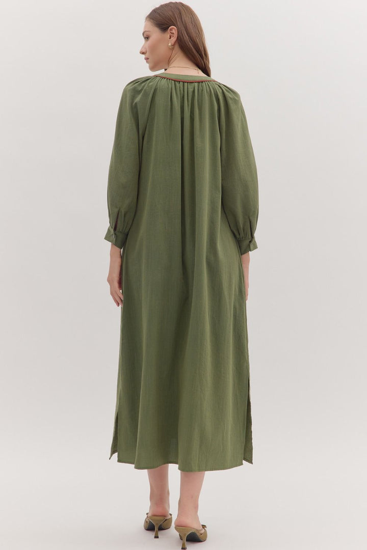 Embroidered Floral Maxi Dress W/Contrast Trim - Lush Lemon - Women's Clothing - Entro - 78174771339485