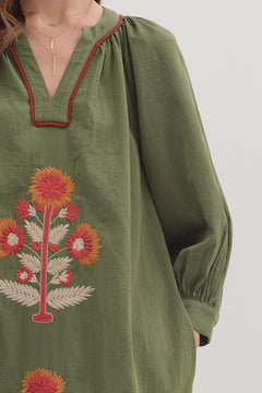 Embroidered Floral Maxi Dress W/Contrast Trim - Lush Lemon - Women&