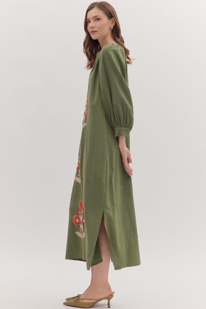 Embroidered Floral Maxi Dress W/Contrast Trim - Lush Lemon - Women's Clothing - Entro - 78174771339485