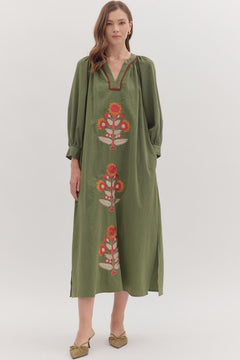 Embroidered Floral Maxi Dress W/Contrast Trim - Lush Lemon - Women&