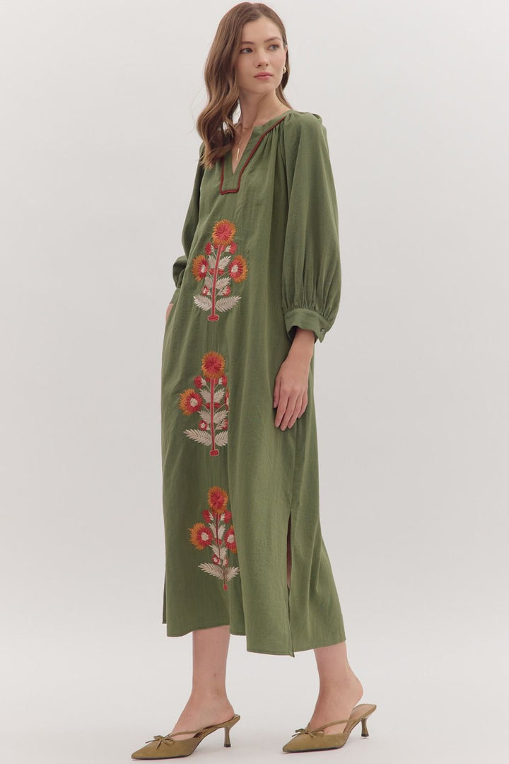 Embroidered Floral Maxi Dress W/Contrast Trim - Lush Lemon - Women's Clothing - Entro - 78174771339485