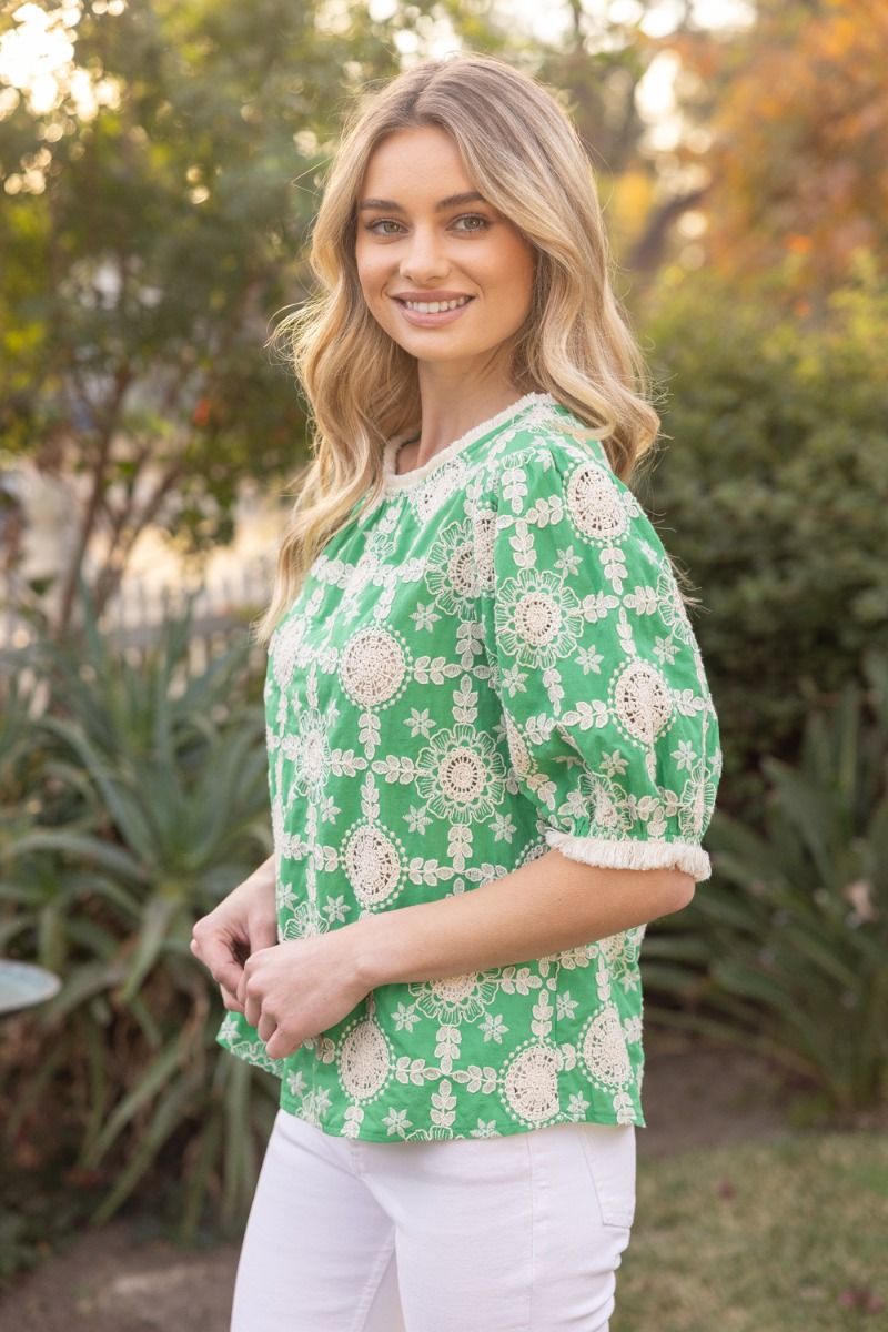Embroidered Fringe Puff Sleeve Top - Lush Lemon - Women's Clothing - Voy - 57957341647197