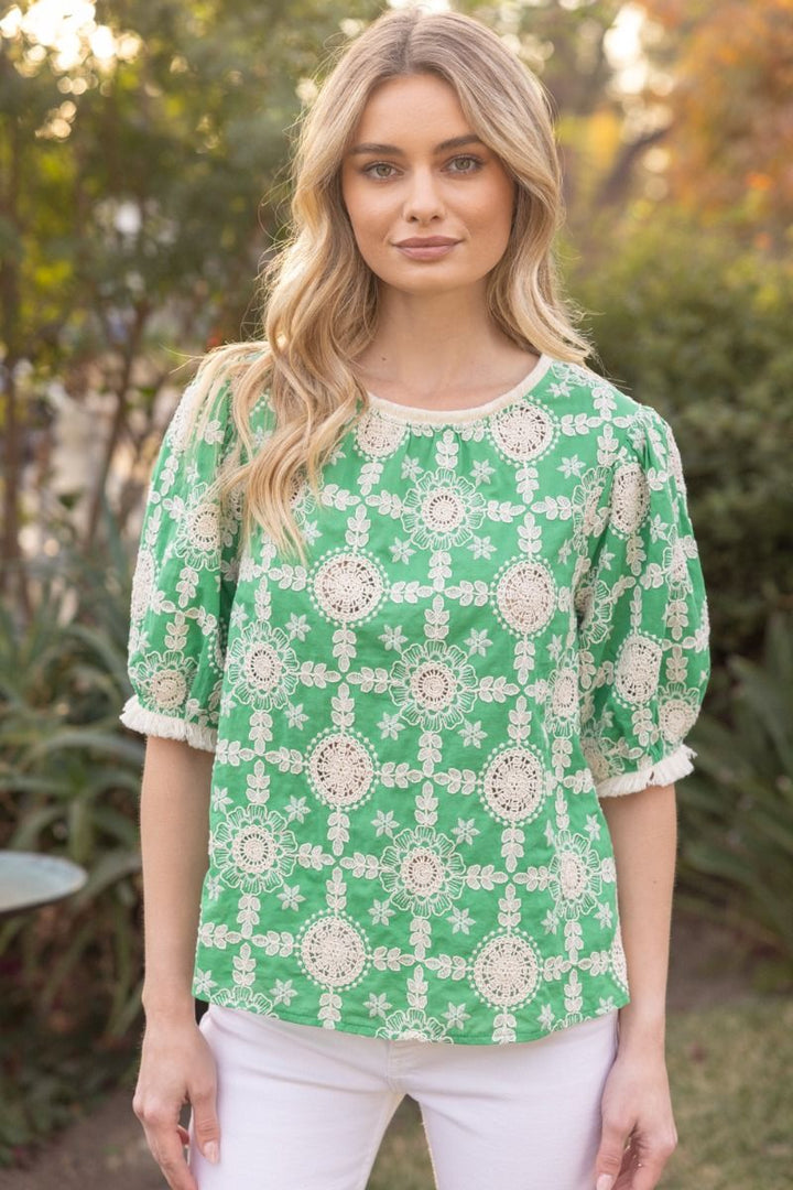 Embroidered Fringe Puff Sleeve Top - Lush Lemon - Women's Clothing - Voy - 57957341647197
