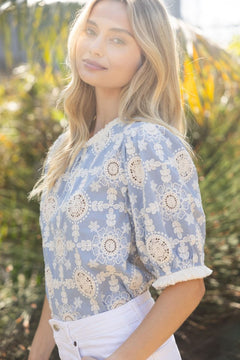 Embroidered Fringe Puff Sleeve Top - Lush Lemon - Women&